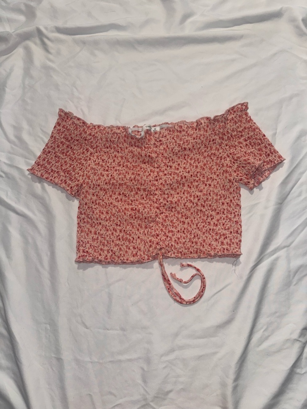 Floral Smocked Off-Shoulder Crop Top in Coral Pink